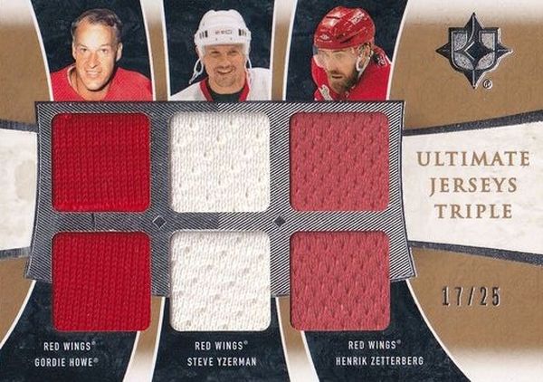 jersey karta HOWE/YZERMAN/ZETTERBERG 09-10 UD Ultimate Jersey Triple /25